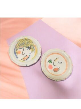 Hand-Painted Ceramic Face Plates — Colorful Abstract Duo